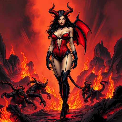 The image depicts a woman with red hair and horns standing in front of a fiery landscape filled with flames and rocks. The woman is wearing a red dress and black boots, and she has her back turned to the viewer. In the background, there are two other women also dressed in red dresses and black boots, facing away from the viewer.