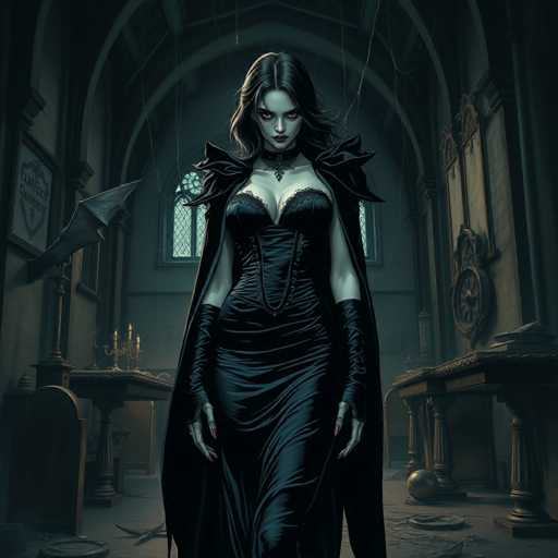 The image depicts a woman dressed in a black dress with a corset and cape, standing in the center of an old church interior. The room is filled with various pieces of furniture, including a table and a chair, as well as several candles scattered throughout the space.