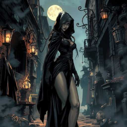 The image depicts a woman dressed in a black hooded dress and gloves standing on a cobblestone street at night with lanterns hanging above her head casting a warm glow. In the background, there is a building with a large window that reflects the light from the lanterns onto the street below. The scene has an atmospheric and mysterious feel to it.