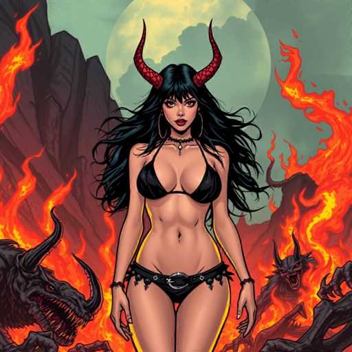The image depicts a woman with long dark hair and red horns standing in the center of a fiery landscape. She is wearing a black bikini top and has her arms crossed over her chest. The background shows a large fire consuming trees and rocks, creating an intense and dramatic scene.