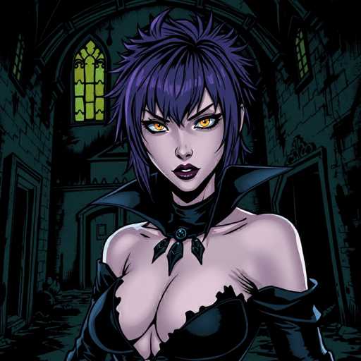 The image depicts a female character with purple hair and a black dress standing in front of an old building with a large window. The character is wearing a necklace and has a serious expression on her face.