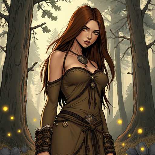 The image depicts a woman with long brown hair and a necklace standing in front of two trees on either side of the frame. The background is filled with trees and foliage, creating an impressionistic style that emphasizes the natural elements rather than intricate details.