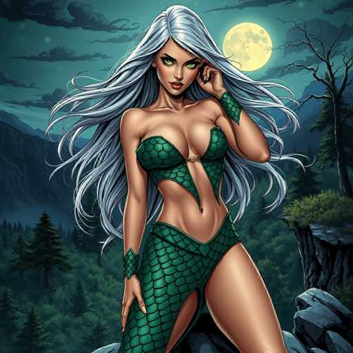 The image depicts a woman with long blonde hair and green scales on her body, wearing a green dress that features a snake-like pattern. She is standing on a rock formation, which serves as the backdrop for the scene. The sky above them is dark blue, suggesting an evening or nighttime setting.