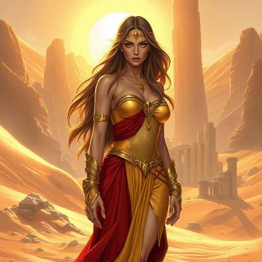 The image depicts a woman with long brown hair wearing a gold and red dress standing on a desert plain. The background features sand dunes under the warm glow of a setting sun casting an orange hue over the scene.