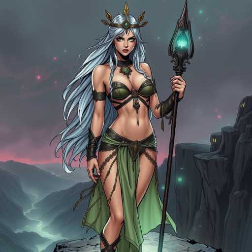 A woman with long blonde hair and a green dress stands on a cliff overlooking a valley below. She holds a spear in her right hand and wears a crown on her head. The background features a sky filled with stars and mountains.