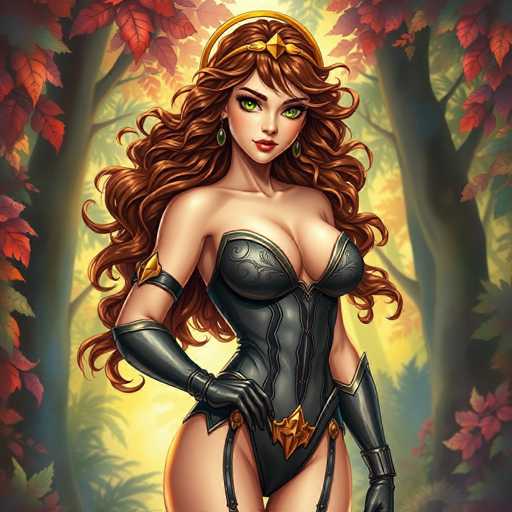 The image depicts a woman with long brown hair and green eyes wearing a black corset and gold earrings standing in front of trees with red leaves against an autumnal background.