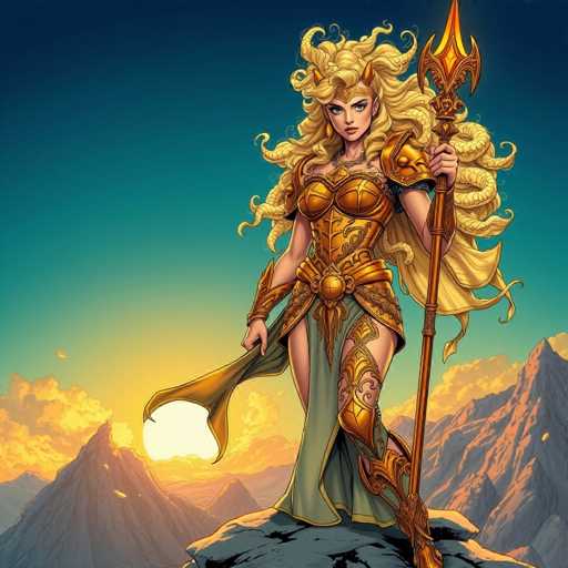 A woman with blonde hair and gold armor stands on a cliff overlooking a mountain range at sunset. She holds a spear in her right hand and wears a golden outfit that includes a helmet and breastplate. The sky is painted in shades of orange and yellow, creating a warm glow over the scene.