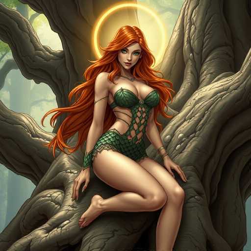A woman with long red hair is depicted wearing a green and gold dress that has a snake pattern on it. She is sitting on the trunk of a tree, which appears to be made out of branches. The background features trees and foliage, creating an impressionistic style.