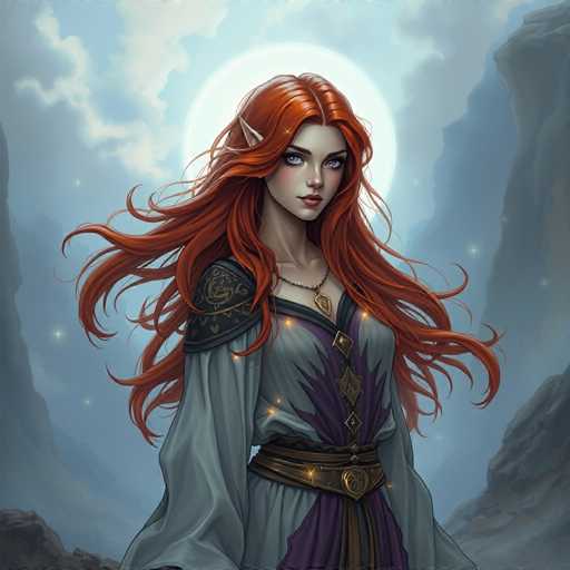 A woman with long red hair and a purple dress stands in front of a rocky cliff face against a cloudy sky.