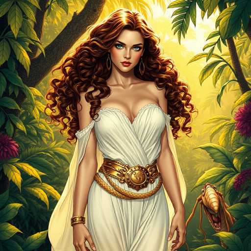 The image depicts a woman with long red hair wearing a white dress and gold belt, standing in front of trees and flowers. The background is filled with green foliage, creating a natural setting for the scene.