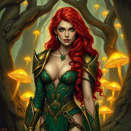 The image depicts a woman with red hair and green eyes standing in front of a forest filled with yellow mushrooms. She is wearing a green dress adorned with gold accents and a chain around her neck. The background features trees and other plants typical of a forest setting.