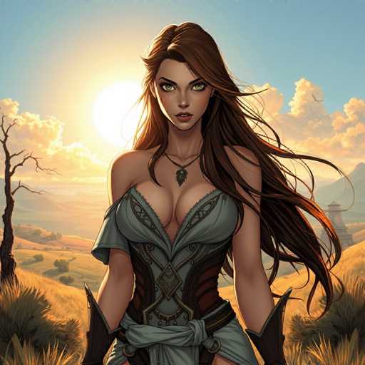 The image depicts a woman with long brown hair and green eyes standing in the center of a field under a clear blue sky. She is wearing a dress that matches her hair color and has a necklace around her neck. The background features mountains and trees, suggesting an outdoor setting.
