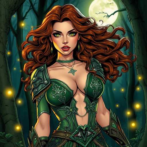 The image depicts a woman with long red hair and green skin tones wearing a green dress adorned with gold accents. She is standing in front of a full moon, surrounded by trees that cast shadows on her figure. The background features the silhouettes of trees against the night sky.