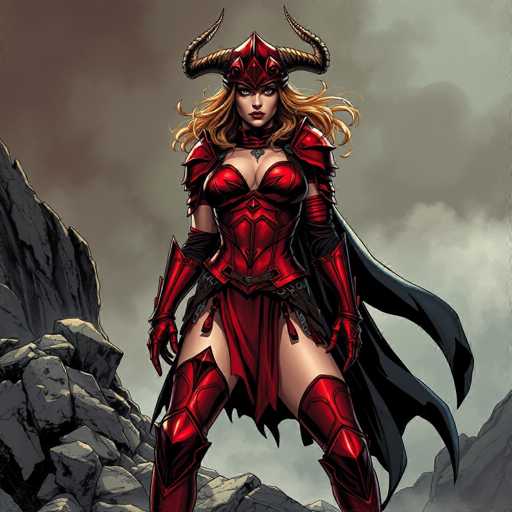 A woman with blonde hair and red hair armor stands on a rocky cliff face wearing a red outfit that includes a helmet with horns and a cape.