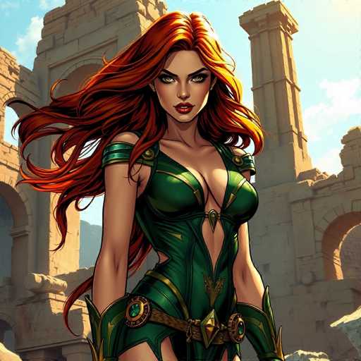 The image depicts a woman with vibrant red hair and striking green armor standing in front of an ancient stone archway. The woman is wearing a green outfit that includes a corset and a headdress adorned with jewels. She has her arms crossed over her chest and is looking directly at the camera, exuding confidence and strength.