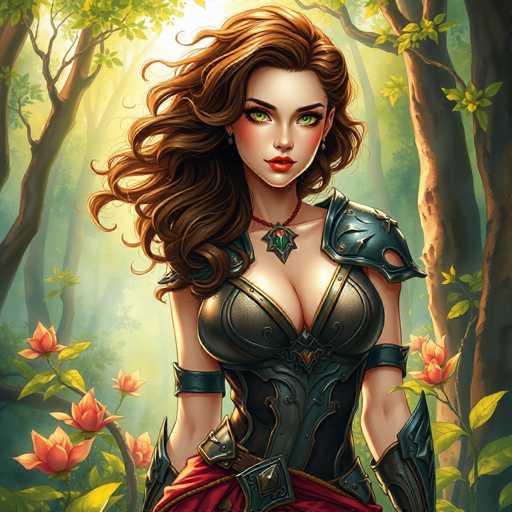 The image depicts a woman with long brown hair and striking green eyes wearing a black outfit adorned with gold accents. She is standing in front of a forest filled with pink flowers, creating a serene and enchanting atmosphere. The background features trees and foliage, further enhancing the woodland setting.