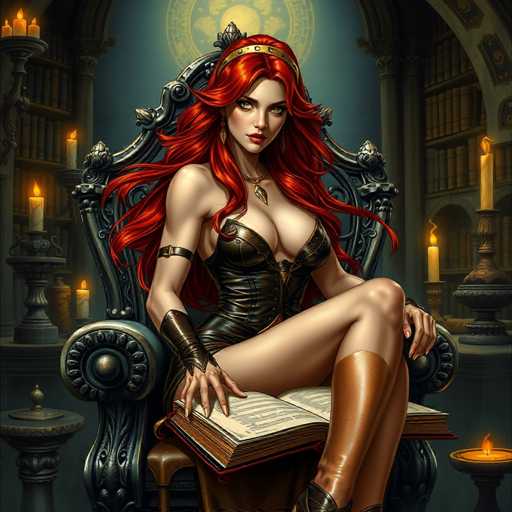 The image depicts a woman with red hair and a red dress sitting on a throne-like chair in the center of a room filled with bookshelves. The woman is holding an open book, suggesting she may be reading or studying. The room has a dark blue color scheme, which contrasts with her vibrant red hair.