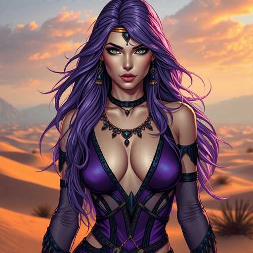 The image depicts a woman with long purple hair wearing a purple dress and gold jewelry. She is standing in front of a desert landscape, which includes sand dunes and mountains under a clear blue sky. The colors used are predominantly purple, orange, and brown, creating a warm and earthy atmosphere.