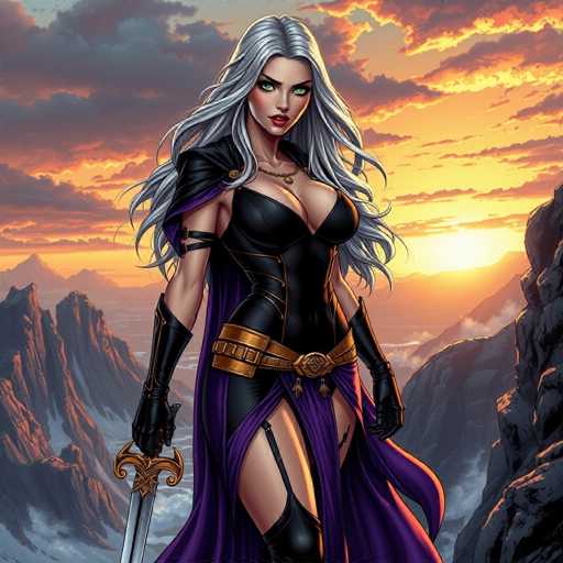The image depicts a woman with long blonde hair and green eyes standing on a cliff overlooking a valley at sunset. She is wearing a purple dress and holding a sword in her right hand while wearing black gloves. The sky above the scene is painted with hues of orange and yellow, creating a warm glow that contrasts with the cool tones of the cliff below.