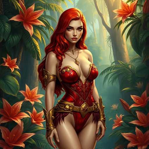 The image depicts a woman with red hair and an orange dress standing in front of a forest filled with pink flowers. The background is a lush green color, providing a contrast to the vibrant colors of the woman's attire and the surrounding flora.