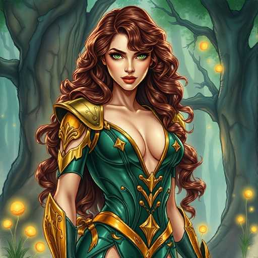 The image depicts a woman with long brown hair wearing a green dress and gold armor standing in front of trees. The background is filled with trees and foliage, creating an impressionistic style that focuses on the overall atmosphere rather than intricate details.