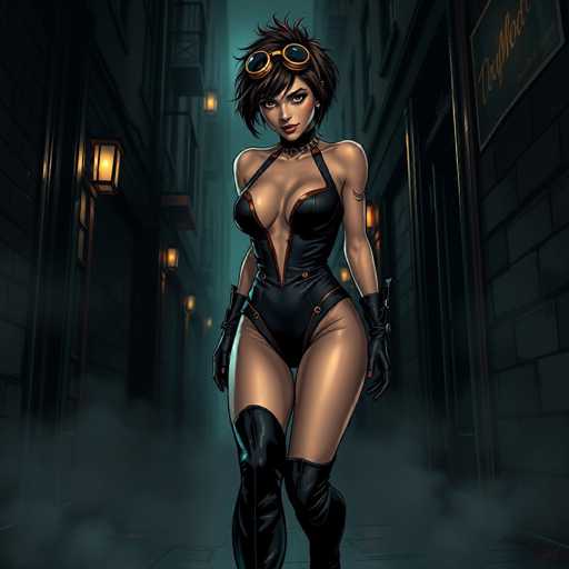 The image depicts a woman wearing a black leather outfit and boots walking down an alleyway at night. She is carrying a large bag over her shoulder and has a serious expression on her face as she walks towards the camera. The background of the image shows a dark alleyway with smoke rising from it, creating an atmospheric setting for the scene.