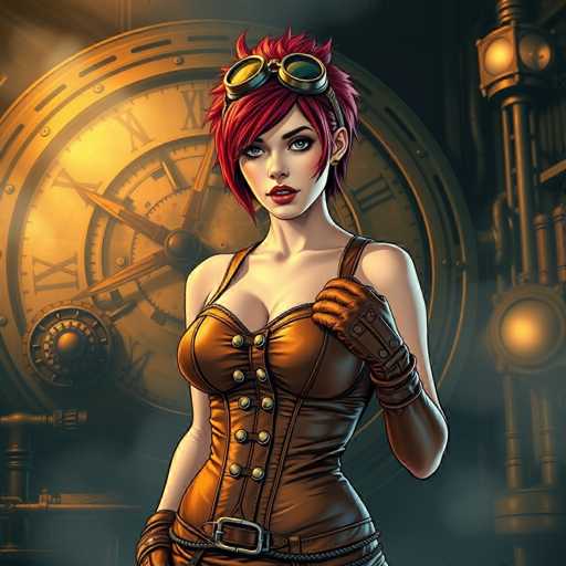 A woman with red hair and a steampunk-inspired outfit stands in front of a large clock face, wearing a leather corset and goggles. The background features a steam engine or factory setting, suggesting the scene is set in an industrial or historical context.