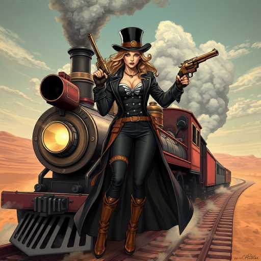 The image depicts a woman dressed as a steampunk character standing on a train track next to an old steam locomotive. The woman is wearing a black top hat and coat with brown boots, holding two guns in her hands.