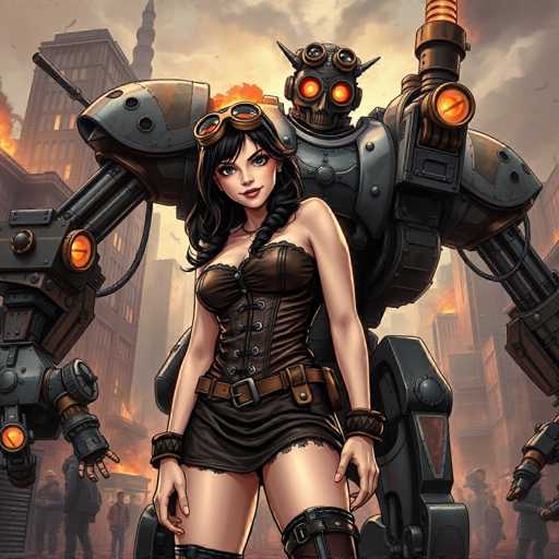 The image depicts two robots - a woman and a robot with a skull-like head design on its chest. The woman is wearing a black dress and boots, while the robot has a skull-like head design and is equipped with a large gun in its right hand. The background shows an urban setting with buildings and people scattered throughout the scene.