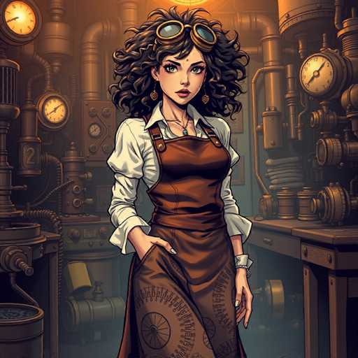 A woman with curly hair wearing a brown apron and goggles stands in front of a large machine surrounded by pipes and gears. The scene is set against the backdrop of a factory or industrial environment, suggesting that she might be working there.