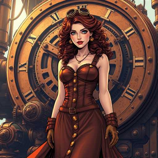 The image depicts a woman with red hair and a corset standing in front of an old-fashioned clock that is brown and gold in color. The woman is wearing a brown dress and has a pair of goggles on her head.