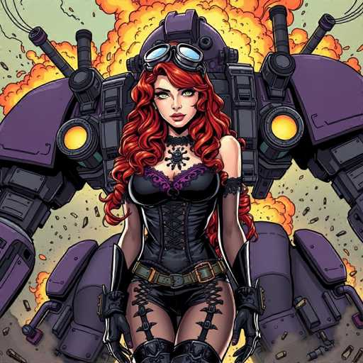 The image depicts a woman with red hair and a black outfit standing in front of a large purple robot with two guns on its head. The robot is surrounded by smoke and explosions, creating an intense atmosphere.
