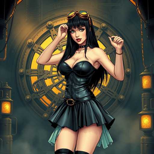 The image depicts a woman wearing a black dress and goggles with her arms crossed over her chest. She is standing in front of a large circular window that has gold accents on the left side. The background features a dark green color with yellow circles scattered throughout.