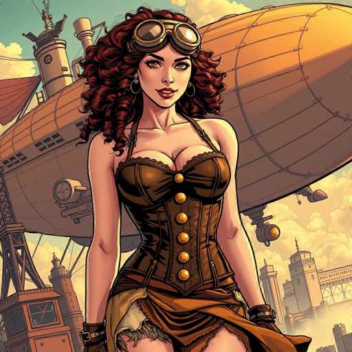 The image depicts a woman with red hair and a corset standing in front of an orange and white hot air balloon. The woman is wearing a brown dress and has goggles on her head. In the background, there are buildings that appear to be part of a cityscape.