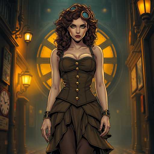 The image depicts a woman wearing a corset and a headband with goggles standing in front of a large clock on the wall. The clock is illuminated by two lights, creating an atmospheric setting for the scene.