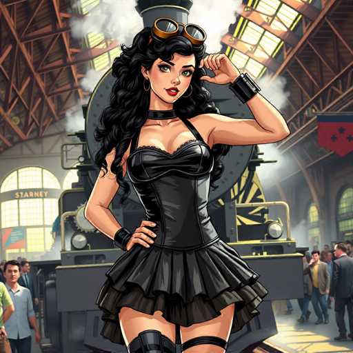 The image depicts a woman wearing a black dress and goggles standing next to a steam train engine with a red flag on top. The scene is set within an old-fashioned train station, suggesting a vintage or historical context.