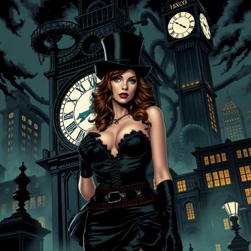 The image depicts a woman dressed in a black dress and top hat standing in front of two large clocks on a tower. The clock on the left is white with black hands and numbers, while the clock on the right is black with white hands and numbers. The background features buildings and other city elements typical of London's skyline at night.