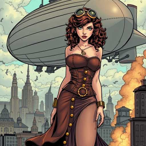 The image depicts a woman with curly hair wearing a corset and a headband, standing in front of an airplane that is flying over a cityscape filled with buildings. The sky above them is cloudy, creating a dramatic backdrop for the scene.