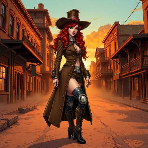 The image depicts a woman wearing a brown coat and hat with a red headband, standing on the street of an old town at sunset. She is also wearing boots and has a large clock on her shoulder. The setting appears to be a small town or village, as indicated by the presence of buildings in the background.