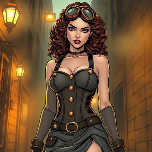 The image depicts a woman with long brown hair and red lipstick standing on the street at night. She is wearing a corset and goggles, giving her an air of mystery and intrigue. The background features a brick wall and two street lamps, adding to the urban atmosphere of the scene.
