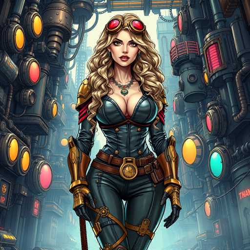 The image depicts a woman with blonde hair and red glasses standing in the center of an industrial cityscape. She is wearing a black leather outfit that includes a corset and boots, giving her a futuristic appearance. The background features a complex network of pipes and machinery, suggesting a high-tech environment.