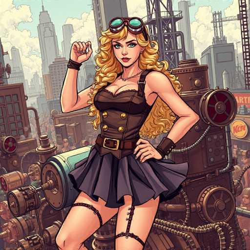 The image depicts a woman with blonde hair and a black dress standing in front of a steam engine. She is wearing goggles and has her hand on her hip. The background shows an industrial cityscape filled with buildings and machinery.