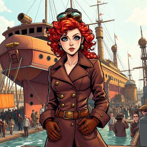 The image depicts a woman with red hair and glasses standing on a dock next to a large ship. The ship has multiple masts and sails, suggesting it is a large vessel. In the background, there are other people present, but they are not the main focus of the scene.