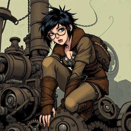 A woman with short dark hair and glasses is crouched down next to a large machine that has gears and pipes on it. She is wearing a brown leather jacket and boots. The background of the image shows a cityscape with buildings and trees.