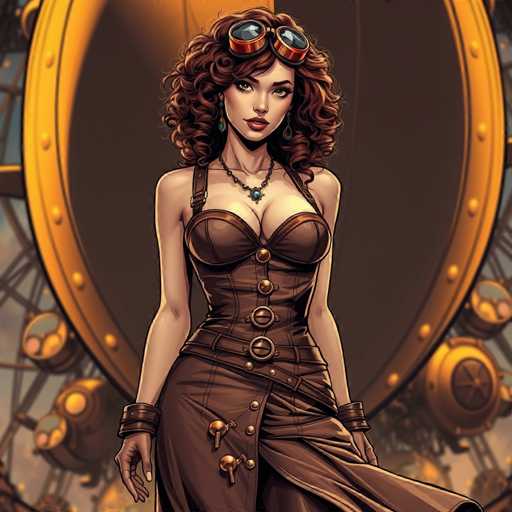 The image depicts a woman with curly hair wearing a brown dress and goggles, standing in front of a large yellow machine that has multiple circular gears on it. The background is blurred, but the presence of other machines suggests this could be an industrial or manufacturing setting.