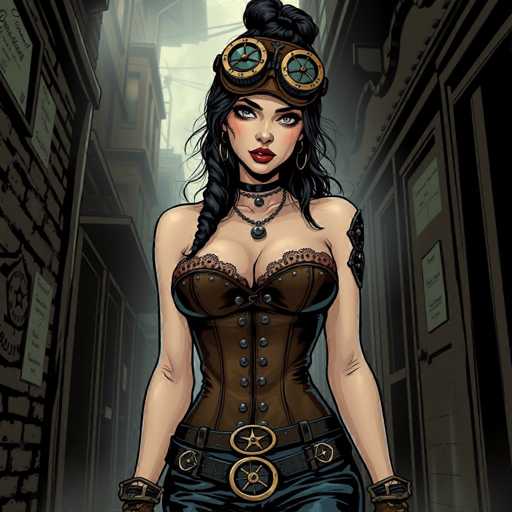 The image depicts a woman wearing a corset and goggles with a skull design on her face. She is standing in front of a brick building, which appears to be an old or abandoned structure. The woman has dark hair styled in braids and is wearing a necklace around her neck.
