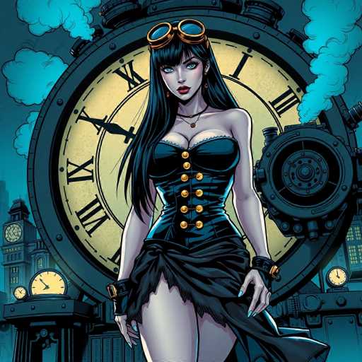 The image depicts a woman wearing a black dress and goggles standing in front of a large clock with Roman numerals on its face. The clock is surrounded by steam coming out from the top right corner, creating an atmosphere reminiscent of a steam room or sauna.