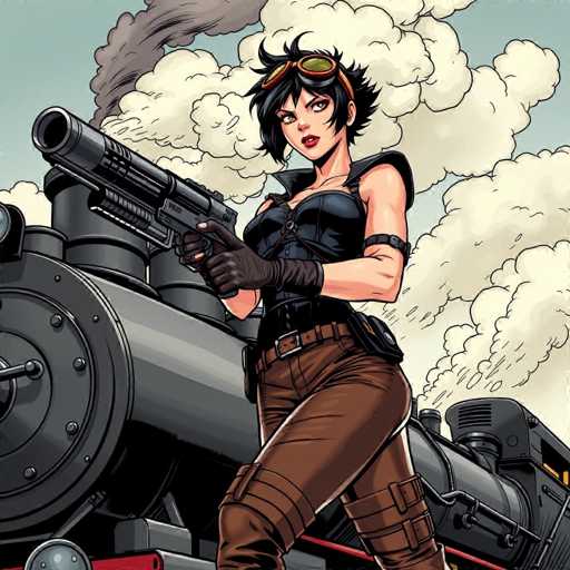 A woman with short hair and a black tank top is standing next to a train engine on the tracks. She is wearing brown pants and has a gun in her hand. The background shows a cloudy sky and smoke rising from the train's smokestack.