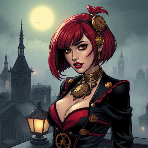 The image depicts a woman with red hair and a black dress standing on a rooftop at night. She is wearing a corset and has a clock necklace around her neck. The background features a city skyline under a full moon, creating an atmospheric setting for the scene.