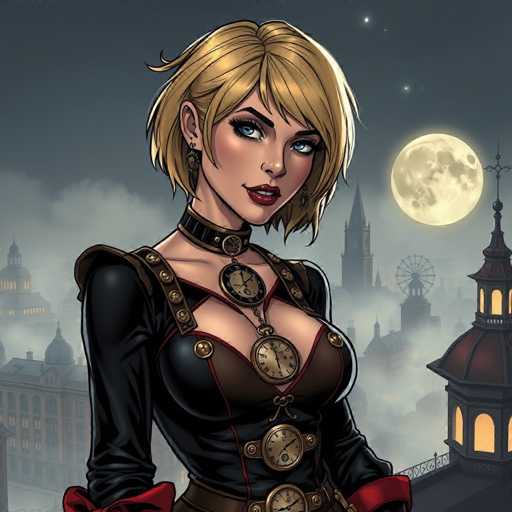 The image depicts a woman with blonde hair wearing a black dress and a necklace of gold and silver pieces. She is standing against the backdrop of a city skyline at night, which includes buildings with domed roofs and spires reaching towards the sky. The moon can be seen in the top right corner of the image.